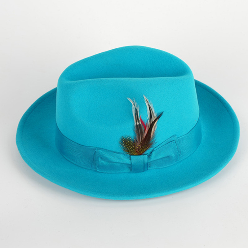 Berets Lake blue fedora hat fashion wool hat short brim hat jazz hat top fedora hat men and women jazz hat big brim 230926