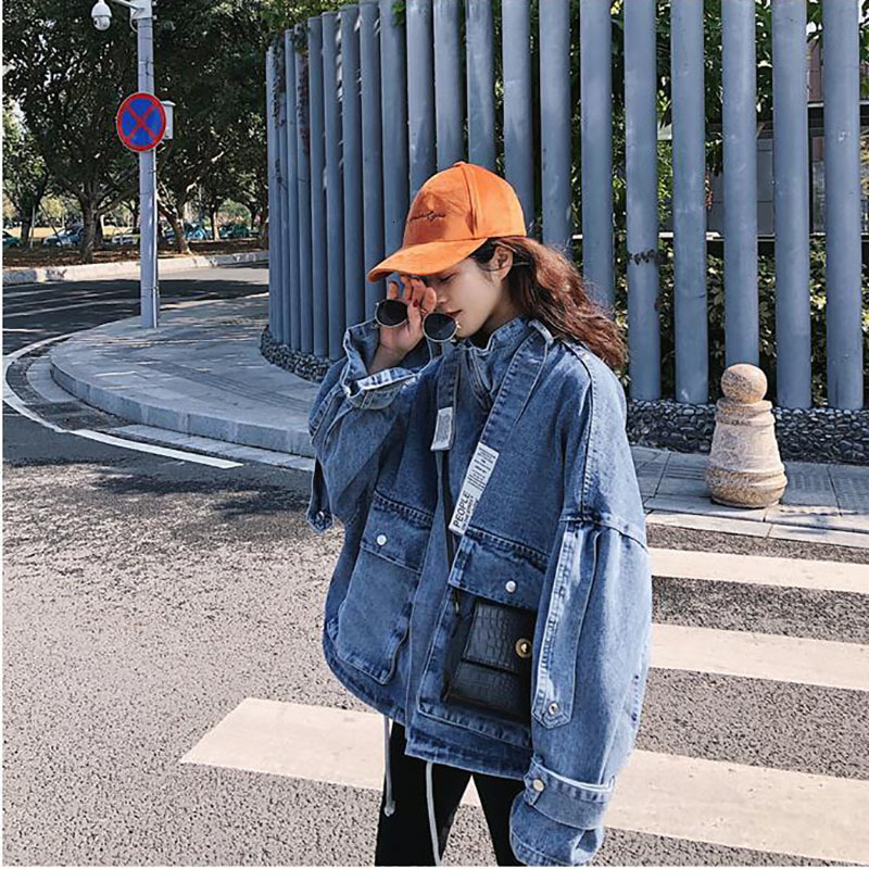 Women's Jackets Korean Fashion Drawstring Big Pocket Denim Jacket For Women Vintage Stand Collar Zipper Outerwear Harajuku Casual All-match Coat 