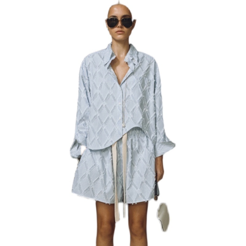 Womens Two Piece Pants Recto Shirt Set Women Summer Bat Sleeve Irregular Diamond Grid Hair Border Striped High Waist Wide Leg Shorts 230925