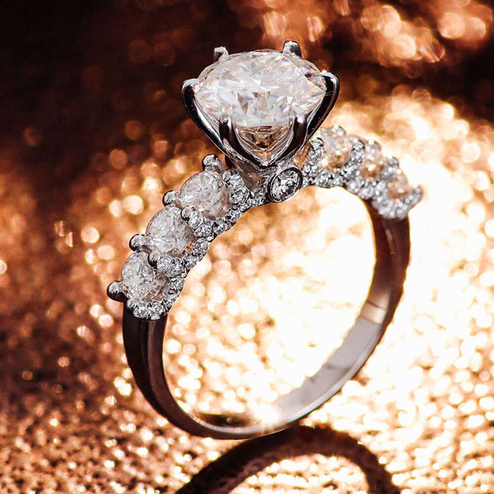 Round Cut DEF VVS Moissanite Engagement Ring In Sier 10K 14K solid gold wedding ring with 3 sides paved stones