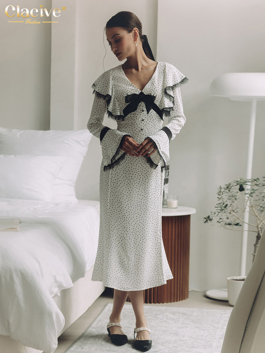 Basic Casual Dresses Clacive Sexy Slim Print WomenS Dress Fashion VNeck Long Sleeve Midi Vintage Classic Lace Spliced Female 230926
