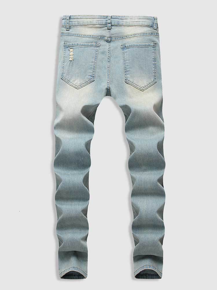 Mens Jeans Solid Faded Ripped Frayed Denim Midwaist Slim Fitted Pants Anklelength Zipper Trousers with Pocket 230925