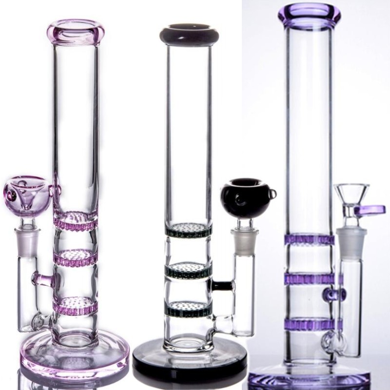 Pink green blue black hookah Glass Bong Water Pipe Smoking Pipes with bowl 3 layers honeycomb Percolator Recycler Oil Rigs 14 mm male joint