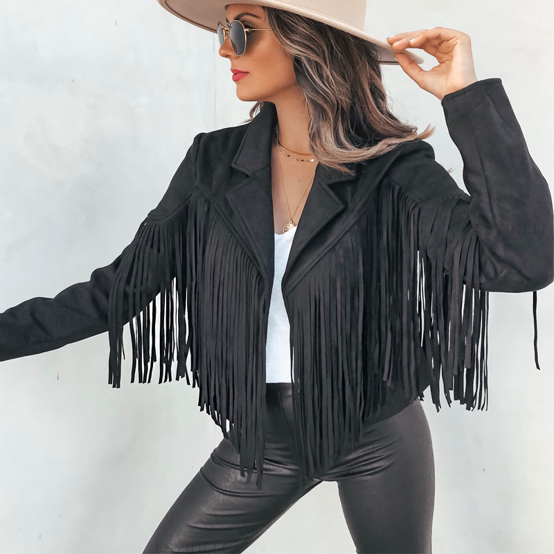 Women's Jackets FUFUCAILLM Fashion Tassel Cardigan Women Y2k Fringed Hem Crop Tops Motor Biker Jacket Suede Leather Jacket Vintage Coat Autumn 23