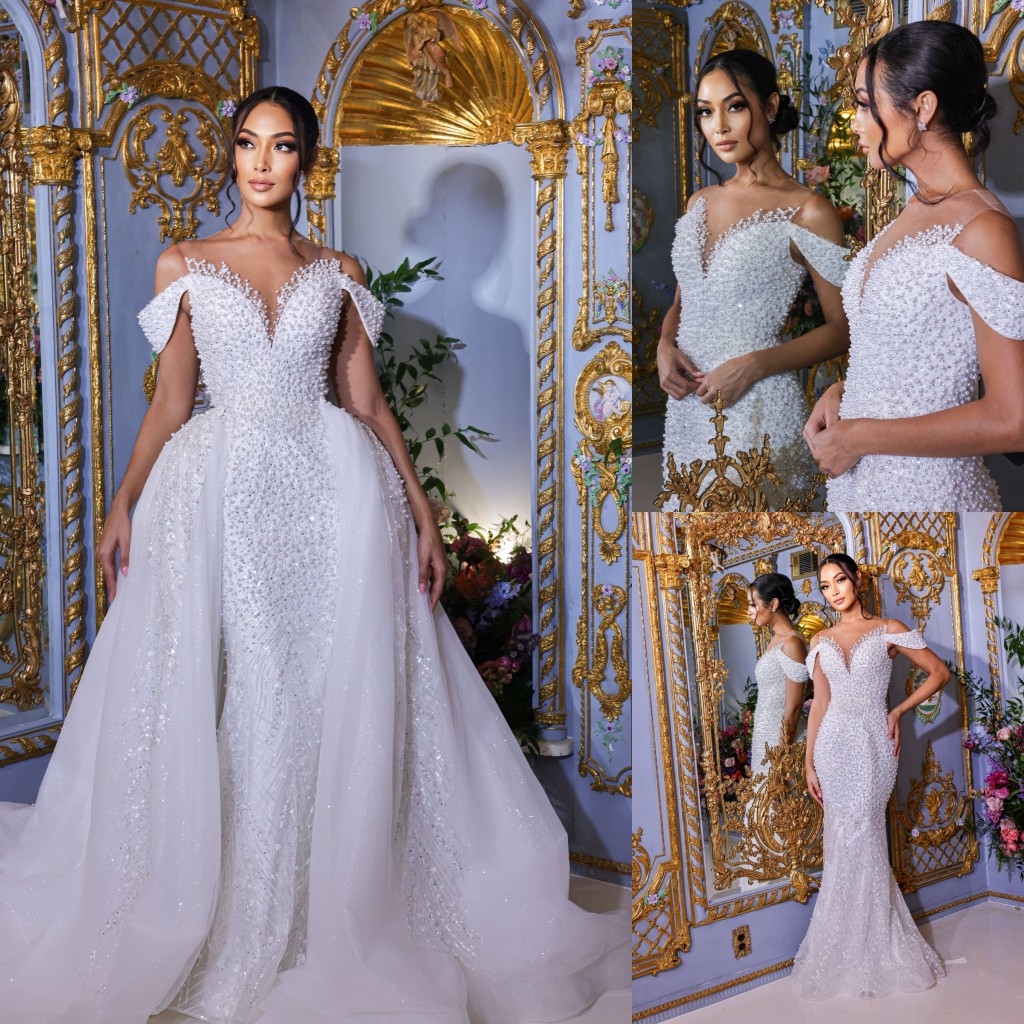 Pearls Mermaid Wedding Dresses Beaded Bridal Gowns With Detachable Sheer Jewel Necke Sweep Train Tulle Vestido De Novia