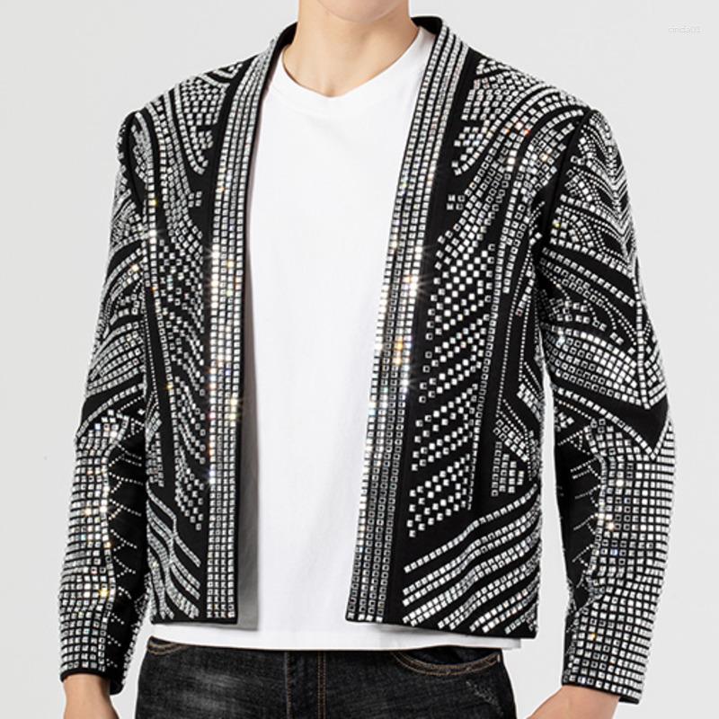 Men's Jackets Black Full Rhinestones Jacket Men Coat Drill Punk Club Outfit Jaqueta Bomber Diamond