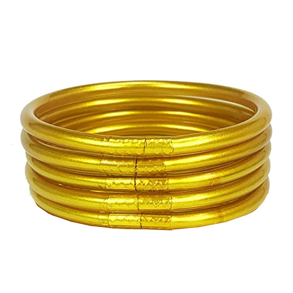 Bangle 5PCSset Golden Buddhist Rush Bracelets Glitter Jelly Bangle Bracelets Set for Women Silicone Charm Temple Girls Bangle 230925