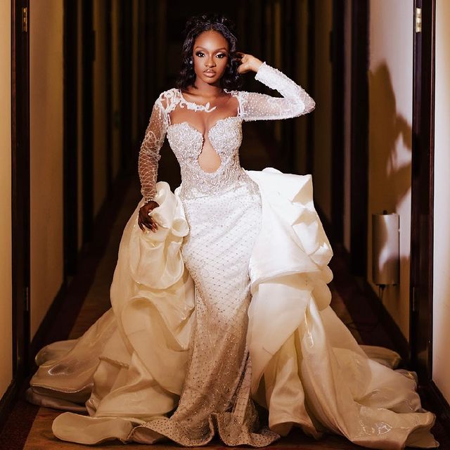 2023 Oct Arabic Aso Ebi Plus Size Mermaid Ivory Wedding Dress Beaded Crystals Lace Bridal Gowns Dresses ZJ105