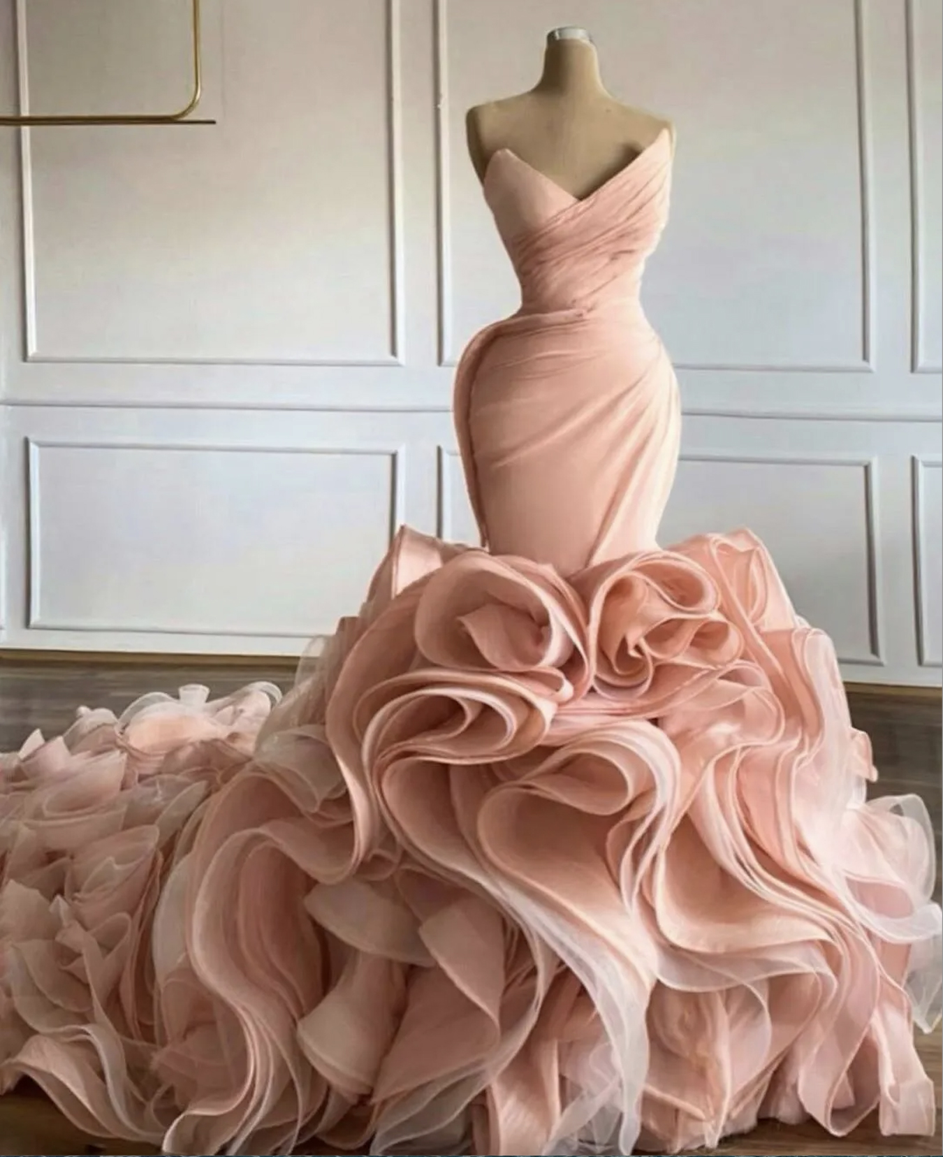 Blush Pink Mermaid Wedding Dress With Ruffles, V-Neck, Sleeveless Pleats, Ruched Custom Made Chapel Bridal Gown Lz0304