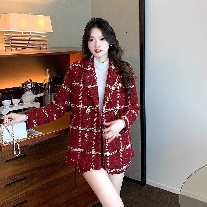 Womens Two Piece Pants Casual Red Lattice Shorts Suits for Autumn Winter Fashion Notched Neck Jacket Coat And 2 Set Outfits 230926