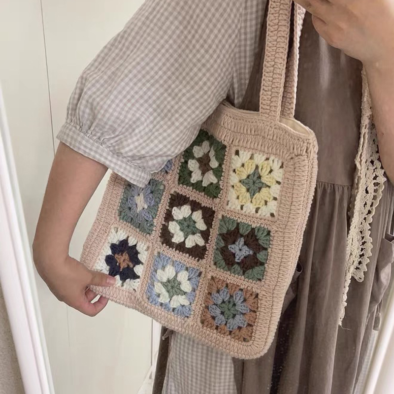 Evening Bags Beige Dark Crochet Grey Vintage Shoulder Bag Cute Purse Handmade Granny Square Handbags for Women Kintting 230926
