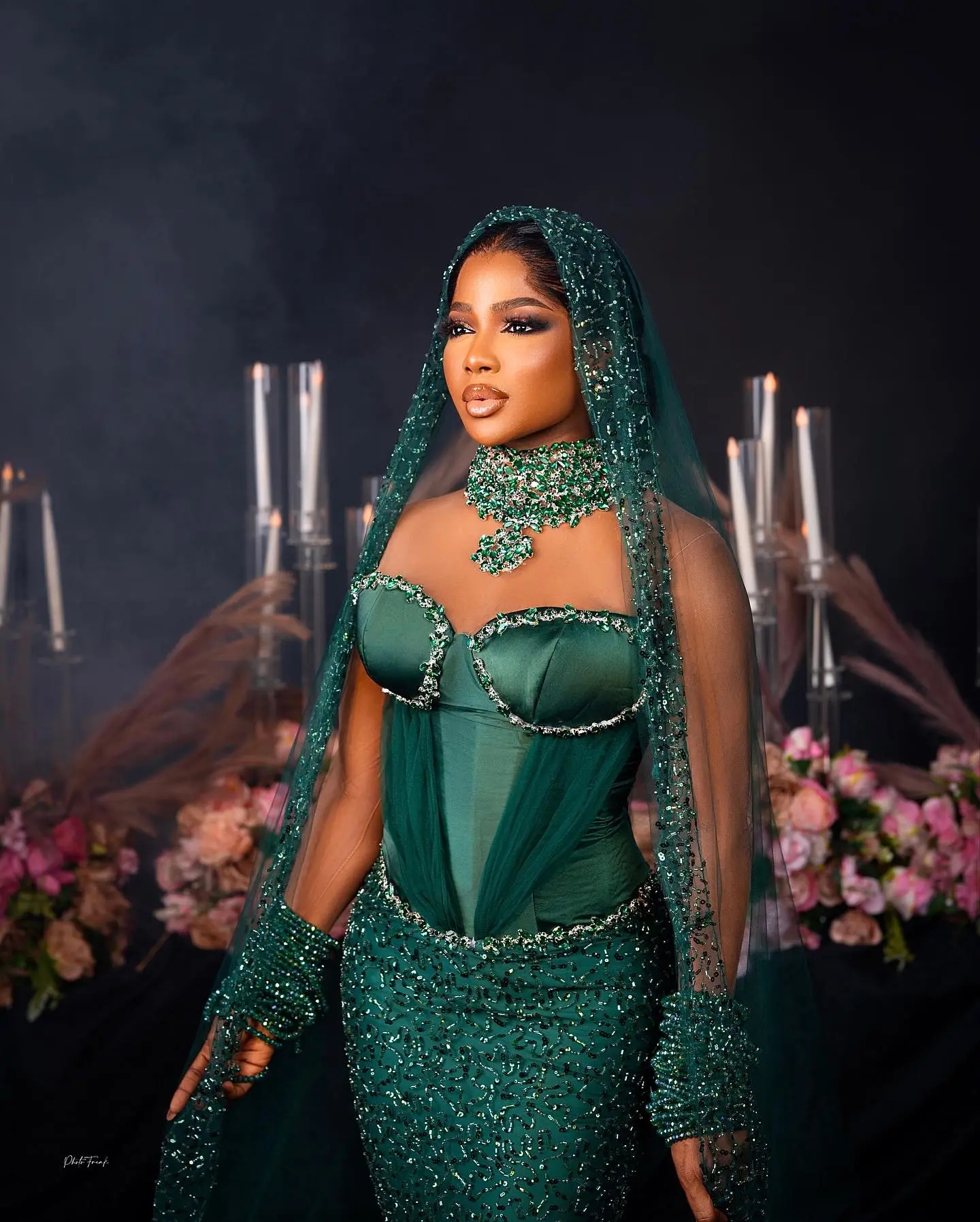 African Green Beaded Mermaid Prom Dresses With Veil Crystals Sheer Long Sleeve Aso Ebi Style Formal Special Ocn Gowns