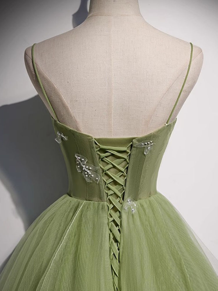 Sage Prom Dresses Fancy Long Evening Dresses Scoop Spaghetti Lace-up Back Layers Tulle with Applique pearls