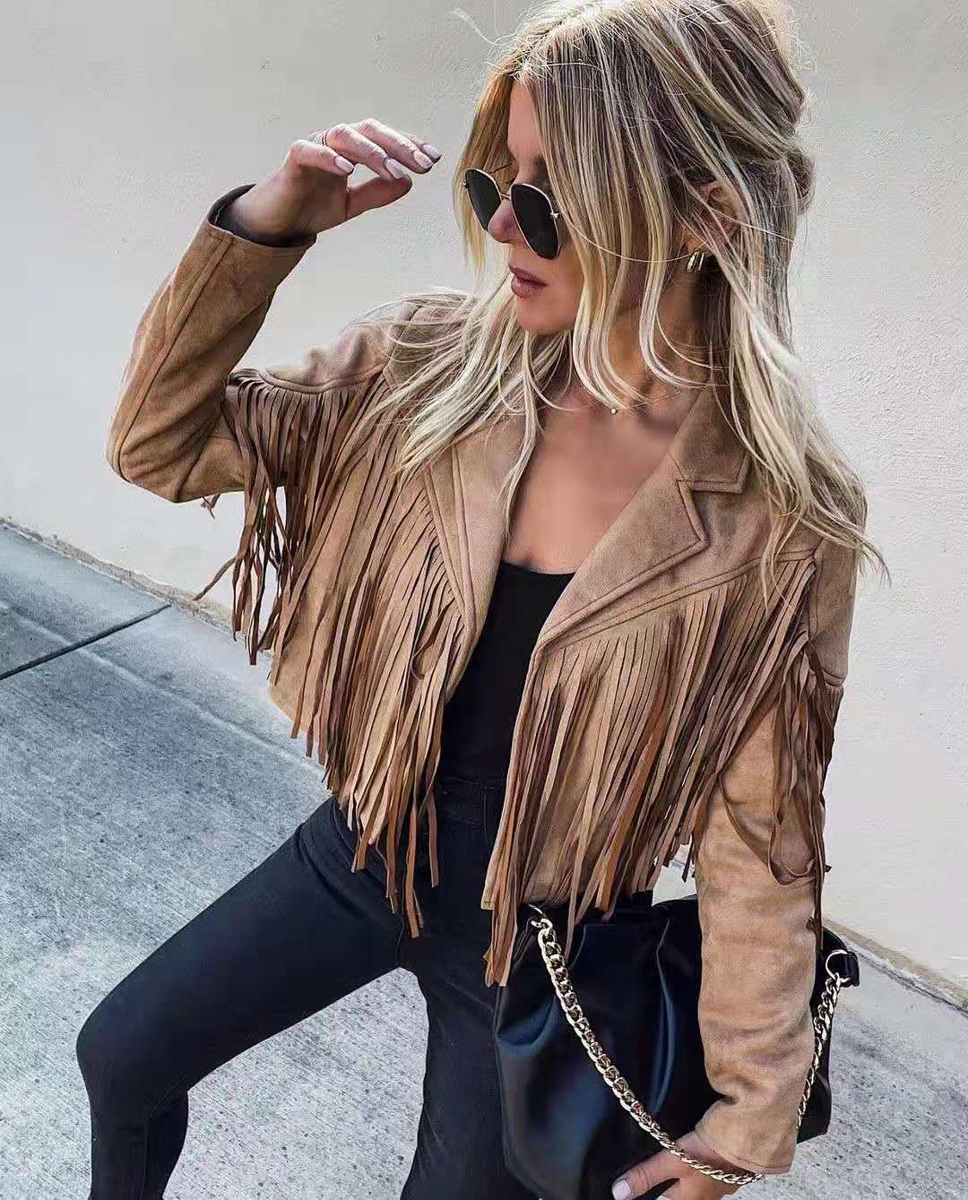 Women's Jackets Women Y2k Fringed Hem Tassel Cardigan Crop Tops E-girl Motor Biker Jacket Suede Leather Jacket 90s Vintage Streetwear Coat Cool 2