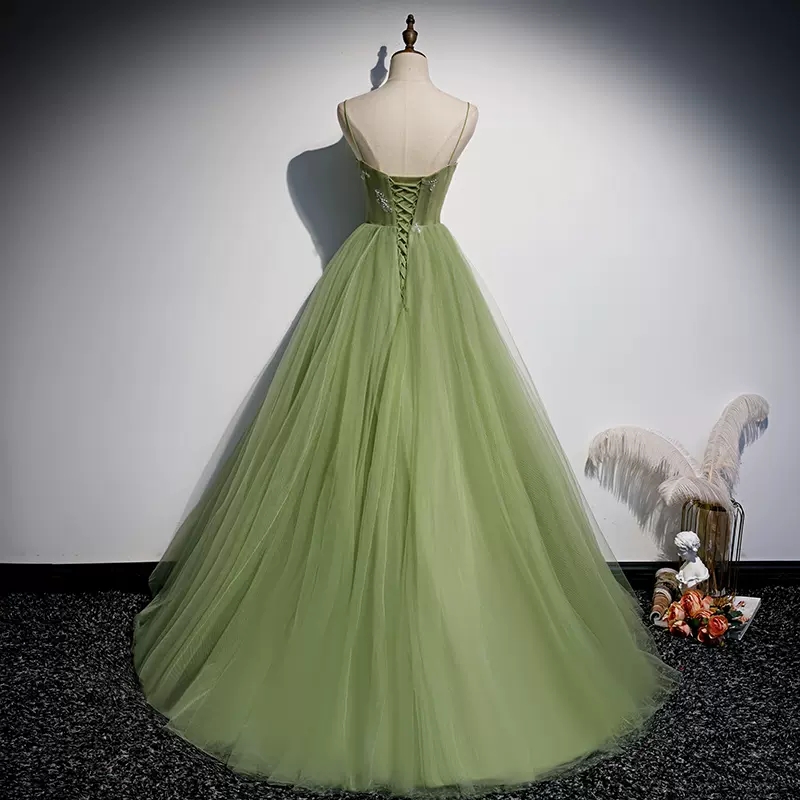 Sage Prom Dresses Fancy Long Evening Dresses Scoop Spaghetti Lace-up Back Layers Tulle with Applique pearls