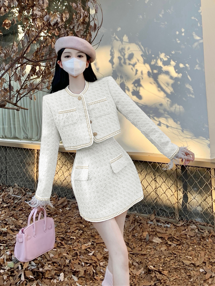Two Piece Dress Autumn Tweed Set for Women Korean Style Long Sleeve Jacket Coat Crop Top Mini Skirt Suits Casual 2 Outfits 230926