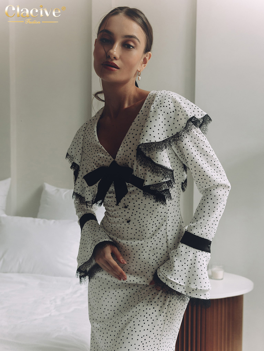 Basic Casual Dresses Clacive Sexy Slim Print WomenS Dress Fashion VNeck Long Sleeve Midi Vintage Classic Lace Spliced Female 230926