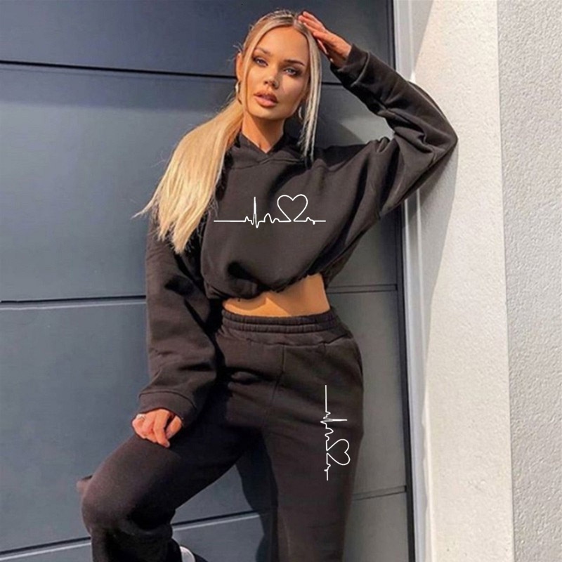 Women's Hoodies Sweatshirts Loose Style Sweater Crop Top Women Two Piece Set Autumn Winter Fashion Long Sleeve Hooded Sports Casual Tracksuit for