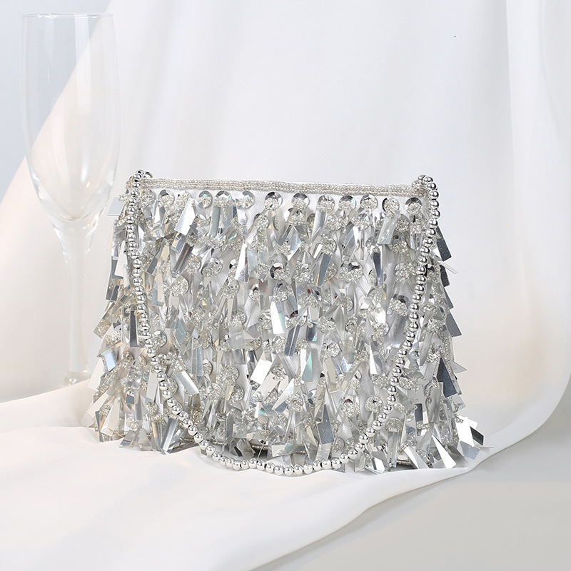Evening Bags Silver Sequin Tassel Women small Crossbody Handmade Beaded Ladies Party Clutch Purse Fashion Handbags B473 230926