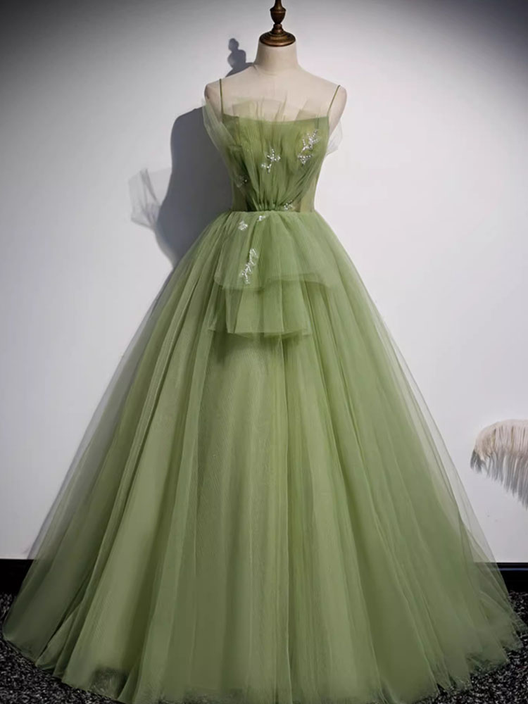Sage Prom Dresses Fancy Long Evening Dresses Scoop Spaghetti Lace-up Back Layers Tulle with Applique pearls