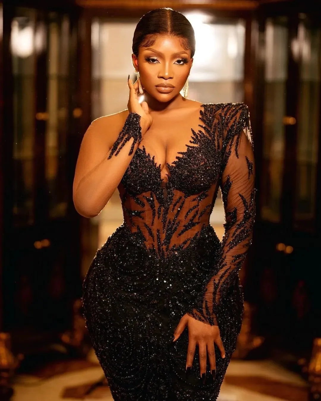 Neck Sexy V Mermaid Black Sequins Prom Dresses With Sheer Long Sleeves Formal Evening Ocn Gowns For African Women