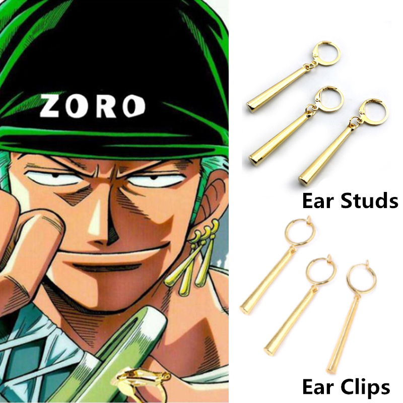 Hoop Huggie Kiss Jewelry Unisex 3Pcs set Zoro Cosplay Earrings Prop for Women Men Long Column Pendant Drop Ear Clip Friends Gift 230926