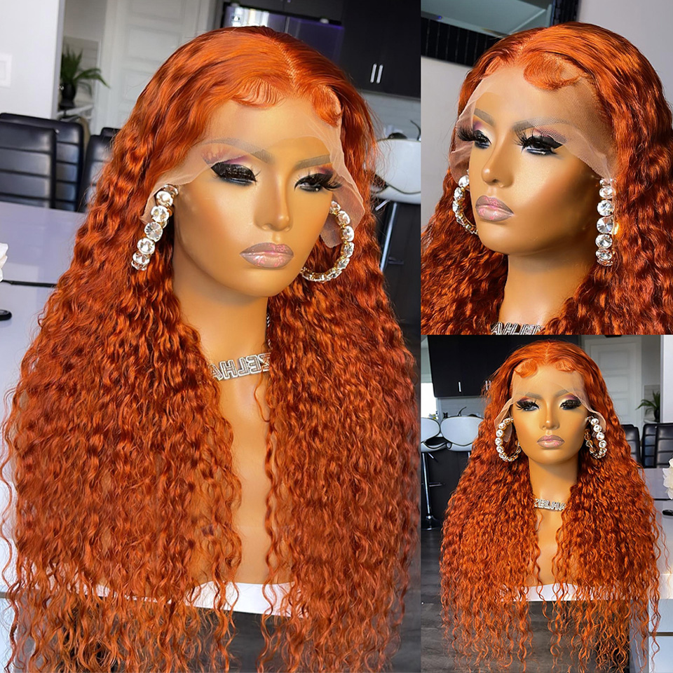 250 Density Deep Curly Human Hair Wigs 360 Lace Frontal Ginger Curly Glueless Wig Orange Colored HD Deep Wave Lace Frontal Wigs for Women
