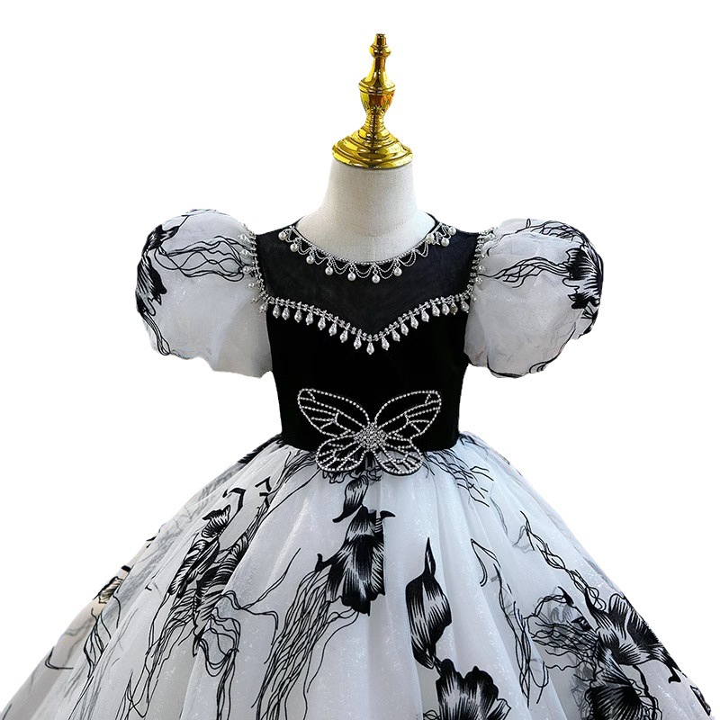 White Black Ball Gown Wer Girl Dresses For Wedding Pearls Beaded Butterfly Pageant Gowns Orange Sheer Bateau Necke Tulle Princess Party First Communio