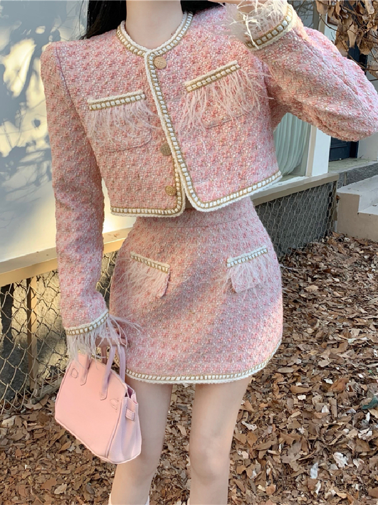 Two Piece Dress Autumn Tweed Set for Women Korean Style Long Sleeve Jacket Coat Crop Top Mini Skirt Suits Casual 2 Outfits 230926