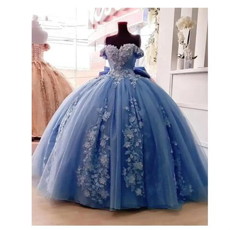 Sky Blue A Line 15 Year Old Quinceanera Dresses 2023 With 3D Flower Applique Lace Elegant Off Shoulder Ball Gown Party Prom Dress Latest Fashion