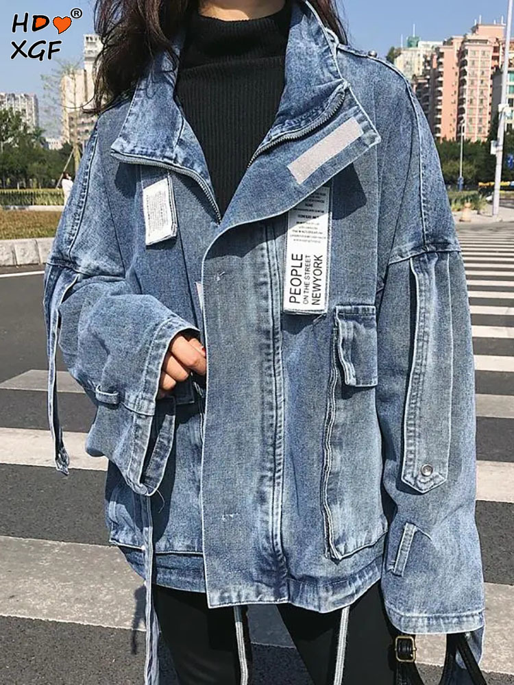 Women's Jackets Korean Fashion Drawstring Big Pocket Denim Jacket For Women Vintage Stand Collar Zipper Outerwear Harajuku Casual All-match Coat 
