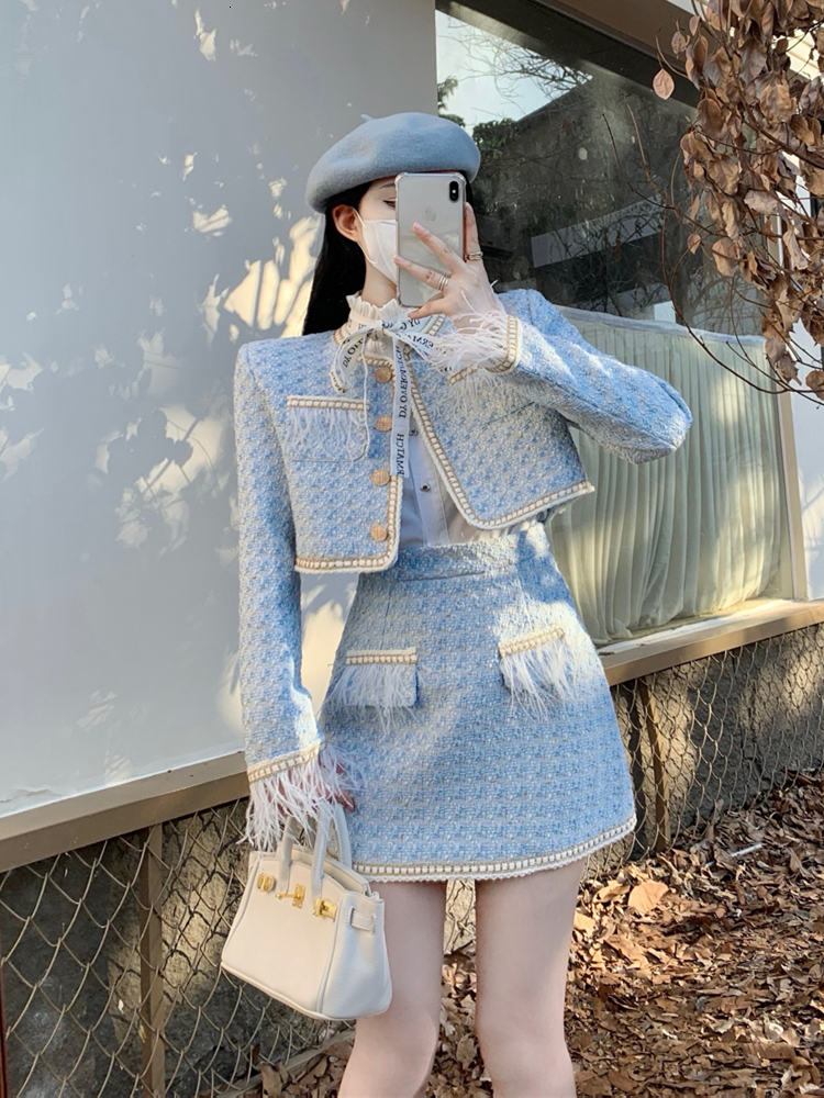 Two Piece Dress Autumn Tweed Set for Women Korean Style Long Sleeve Jacket Coat Crop Top Mini Skirt Suits Casual 2 Outfits 230926