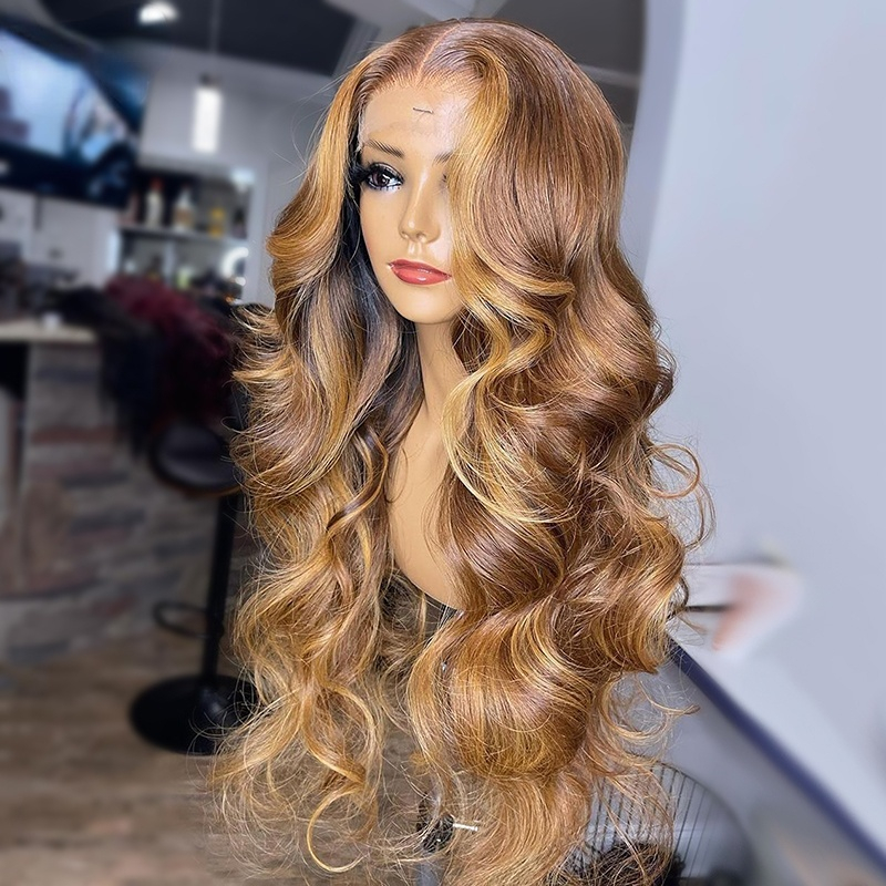 Free shipping 40 inch Brazilian Human Hair Ombre Highlight Body Wave Wigs Blonde 13X4 Lace Front HD Frontal Synthetic Wig For Women 220%