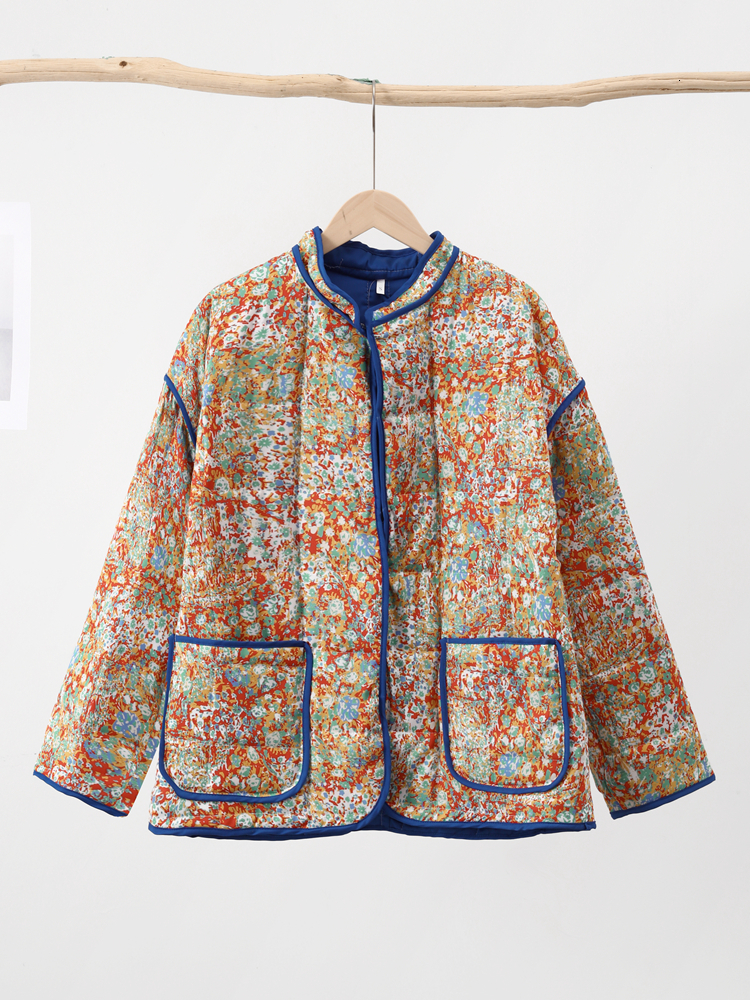 Womens Down Parkas Ptint Long Sleeve Cotton Coat Stand Collar Pockets Patchwork Open Female Coats Fashion Orange Elegnt Loose Lady Clothes 230925