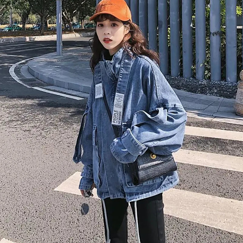 Women's Jackets Korean Fashion Drawstring Big Pocket Denim Jacket For Women Vintage Stand Collar Zipper Outerwear Harajuku Casual All-match Coat 