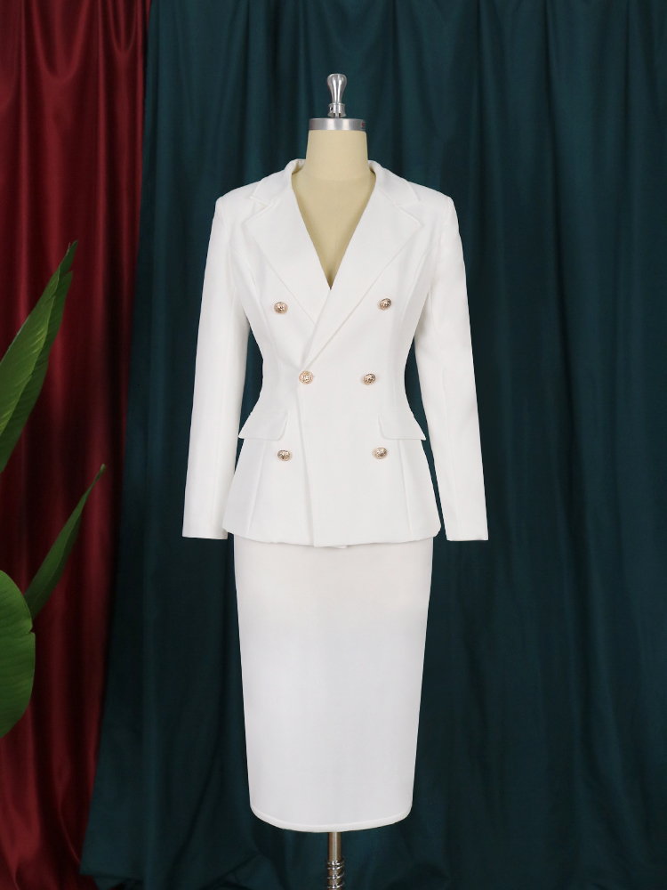Two Piece Dress Women White Formal Business Blazer Suit Sets Elagant 6 Buttons Jacket Knee Length Skirts Wide Leg Pants Suits Casual Office Work 23092