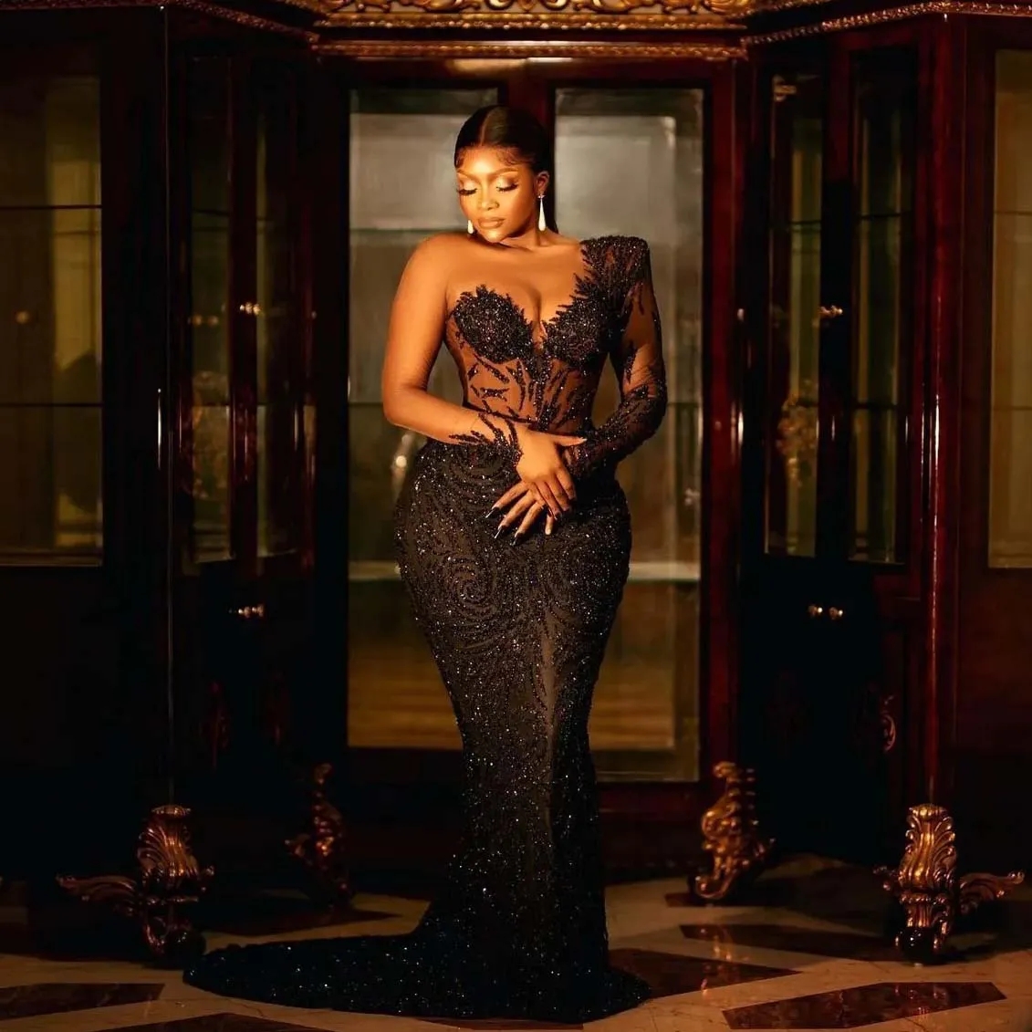 Neck Sexy V Mermaid Black Sequins Prom Dresses With Sheer Long Sleeves Formal Evening Ocn Gowns For African Women