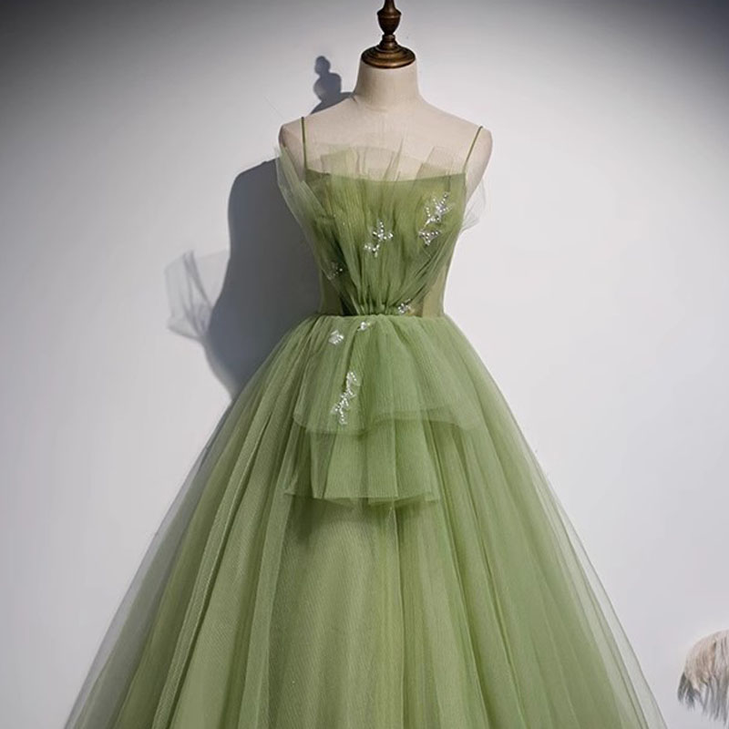 Sage Prom Dresses Fancy Long Evening Dresses Scoop Spaghetti Lace-up Back Layers Tulle with Applique pearls