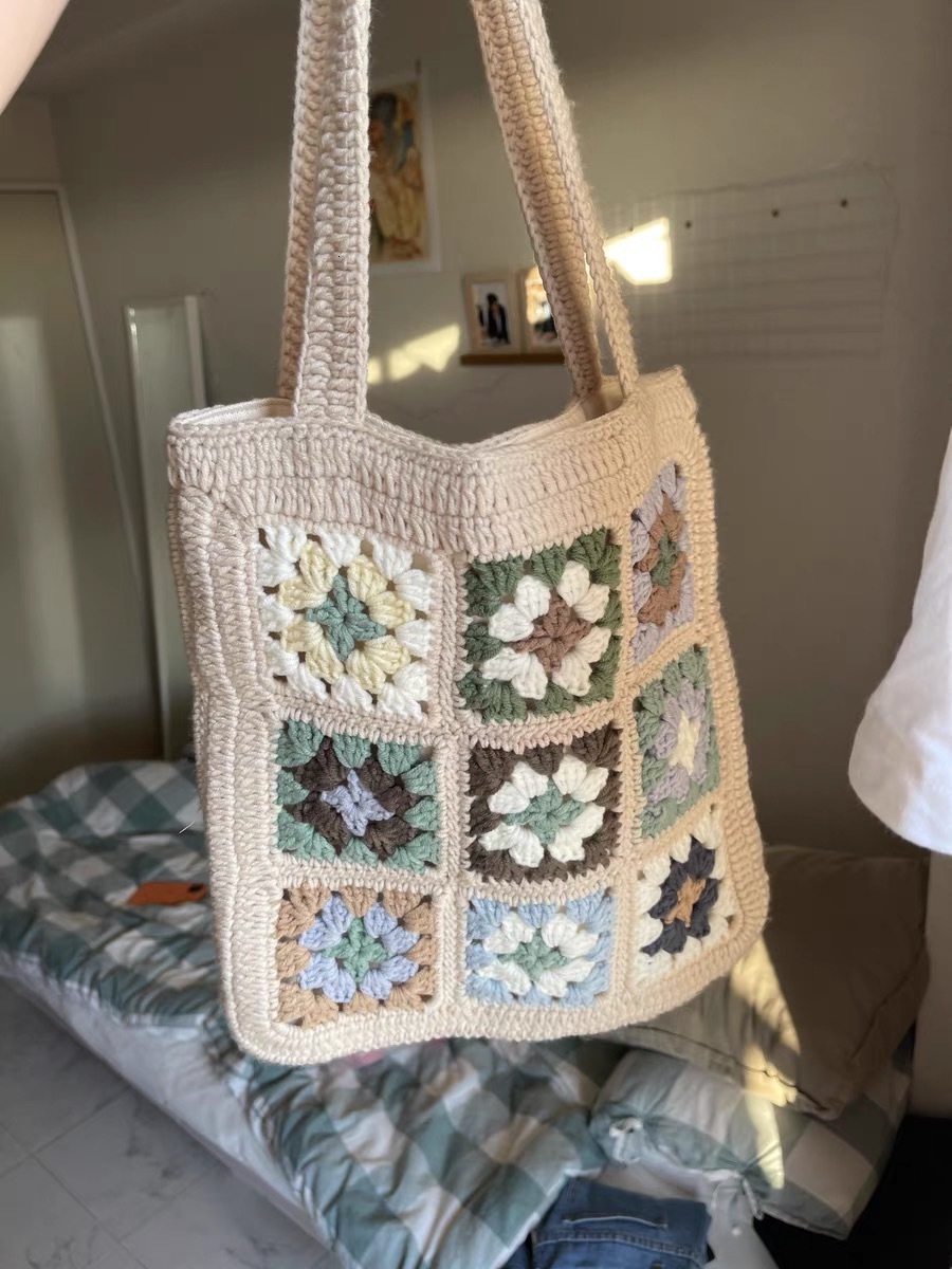 Evening Bags Beige Dark Crochet Grey Vintage Shoulder Bag Cute Purse Handmade Granny Square Handbags for Women Kintting 230926