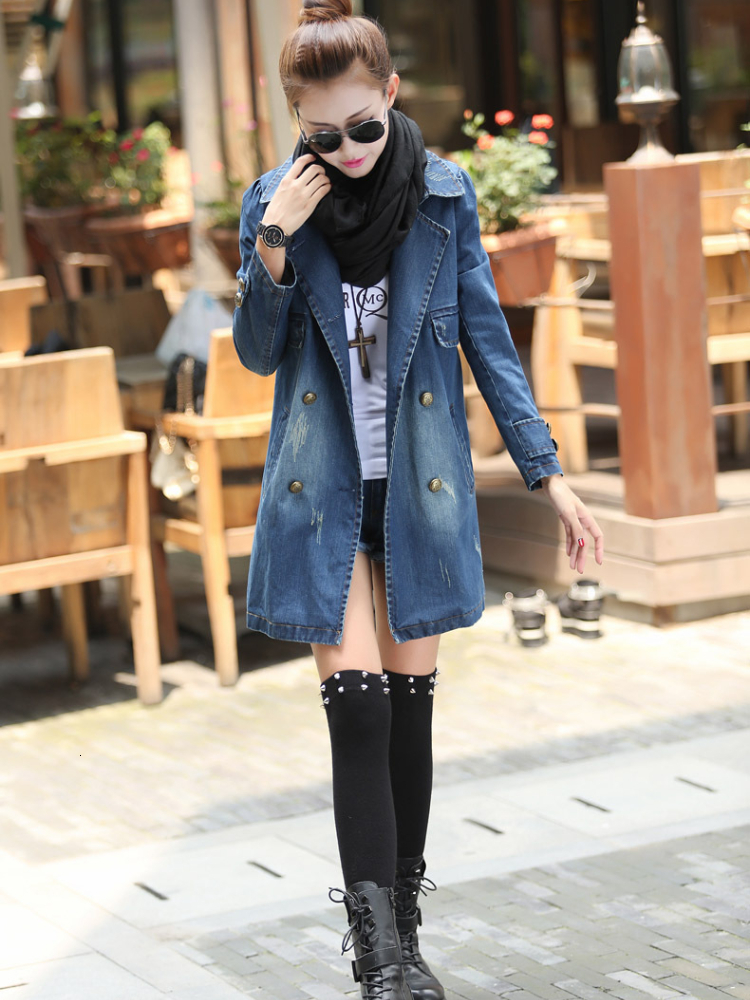 Women's Jackets Jean Jacket for Women Autumn/Winter Fashion Polo Mid Length Casual Double Breasted Belt Denim Trench Coat Women Jacket Top 230925