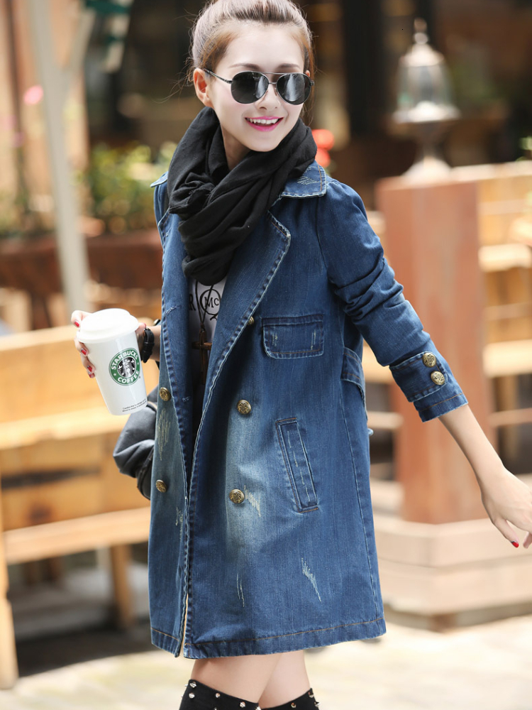 Women's Jackets Jean Jacket for Women Autumn/Winter Fashion Polo Mid Length Casual Double Breasted Belt Denim Trench Coat Women Jacket Top 230925