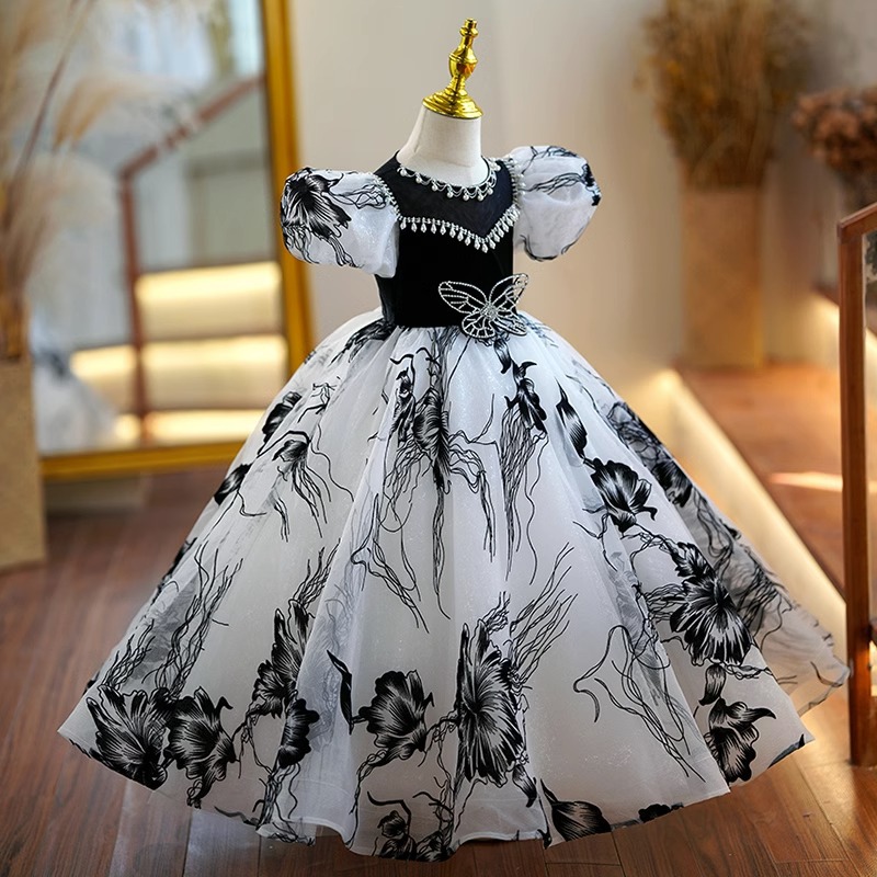 White Black Ball Gown Wer Girl Dresses For Wedding Pearls Beaded Butterfly Pageant Gowns Orange Sheer Bateau Necke Tulle Princess Party First Communio