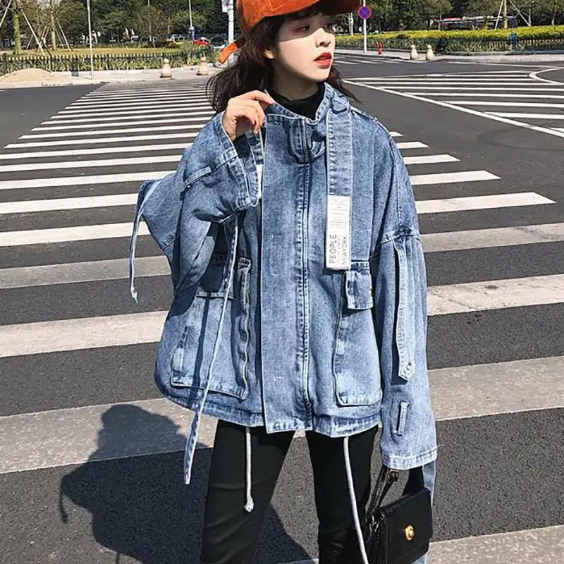 Women's Jackets Korean Fashion Drawstring Big Pocket Denim Jacket For Women Vintage Stand Collar Zipper Outerwear Harajuku Casual All-match Coat 