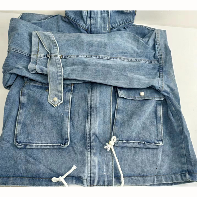 Women's Jackets Korean Fashion Drawstring Big Pocket Denim Jacket For Women Vintage Stand Collar Zipper Outerwear Harajuku Casual All-match Coat 