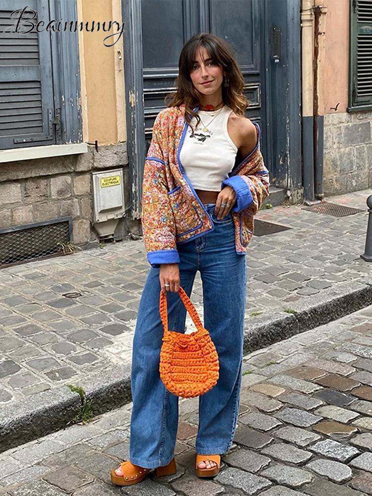 Womens Down Parkas Ptint Long Sleeve Cotton Coat Stand Collar Pockets Patchwork Open Female Coats Fashion Orange Elegnt Loose Lady Clothes 230925