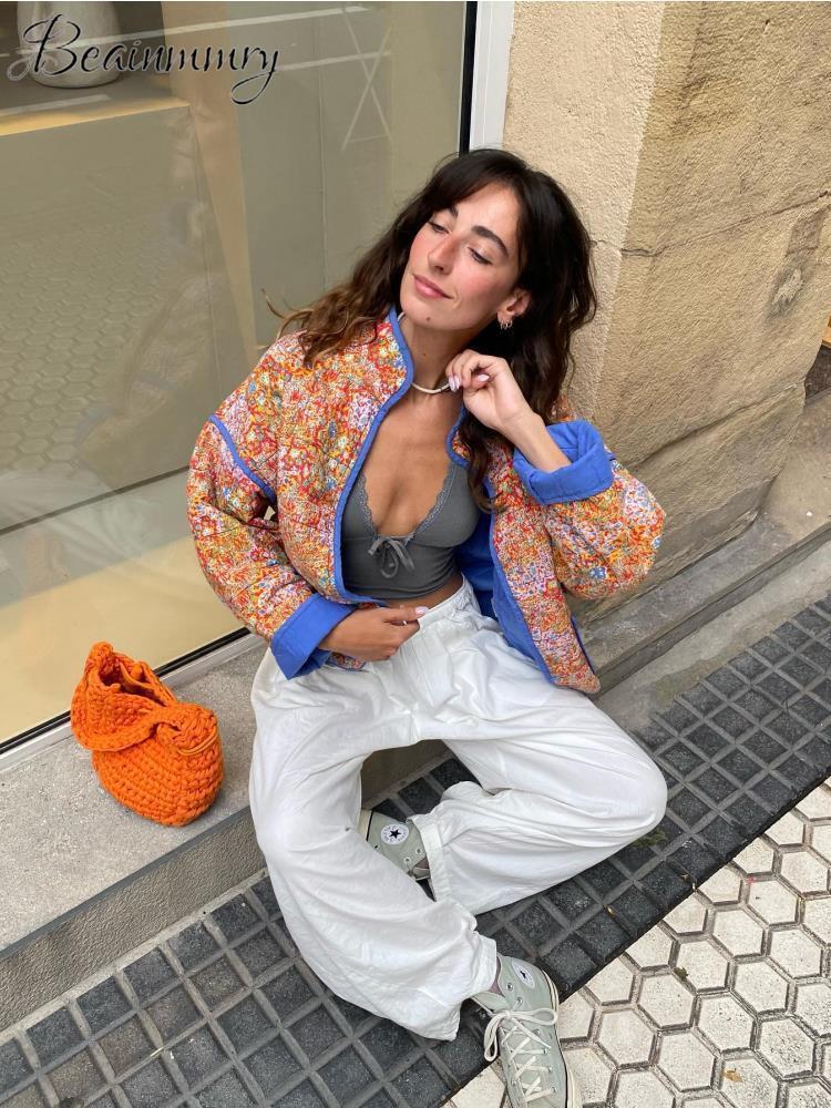 Womens Down Parkas Ptint Long Sleeve Cotton Coat Stand Collar Pockets Patchwork Open Female Coats Fashion Orange Elegnt Loose Lady Clothes 230925