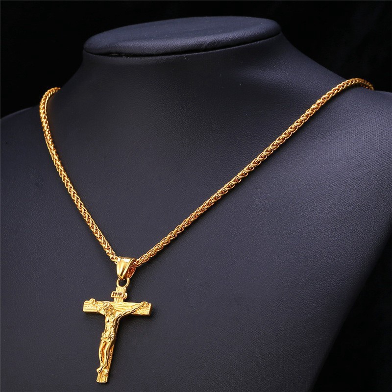 Religious Jesus Cross Necklace for Men Fashion Gold Cross Pendent with Chain Necklace Jewelry Gifts for Men Pendant