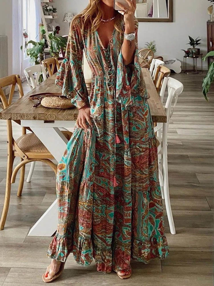 Basic Casual Dresses Women Bohemian Beach Maxi Dress Spring Summer Casual V-Neck Long Sleeve Dresses Female Vintage Floral Print Long Dress Vestidos 2