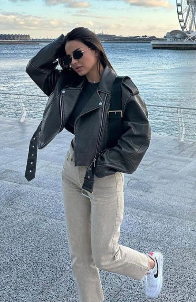 Women's Down Parkas Women Washed Leather Belt Loose Jacket Vintage Turn Down Collar Gradient Zipper Short Coat Lady Locomotive Style Chic Coat 23