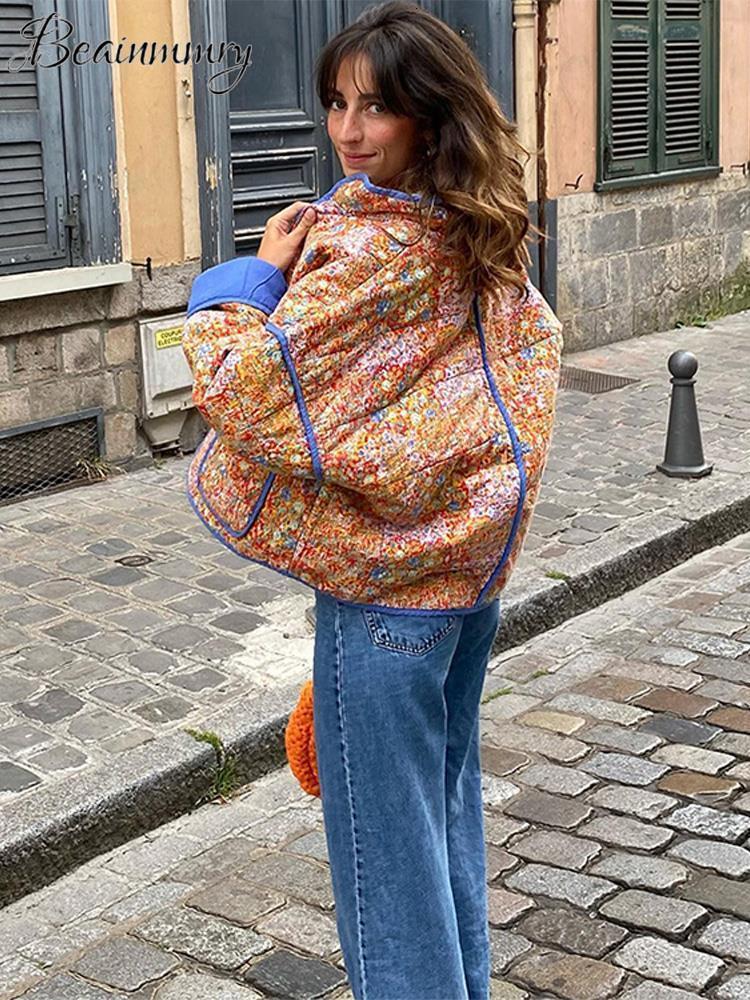 Womens Down Parkas Ptint Long Sleeve Cotton Coat Stand Collar Pockets Patchwork Open Female Coats Fashion Orange Elegnt Loose Lady Clothes 230925